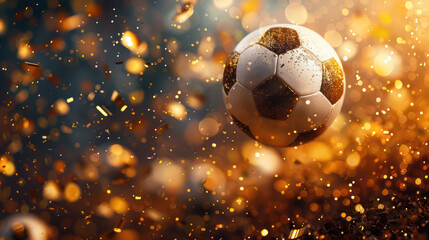 Fototapeta premium Soccer, Football Glory and Confetti featuring gold sparkling lights on festive background. Sport and motivation wallpaper concept of competition sport, championship, energy for ads, banner, poster