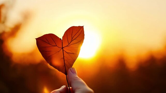 Hand holding a heart shaped leaf in Autumn season. Red heart shaped leaf in a hand with sun shining through it in fall season background 4k