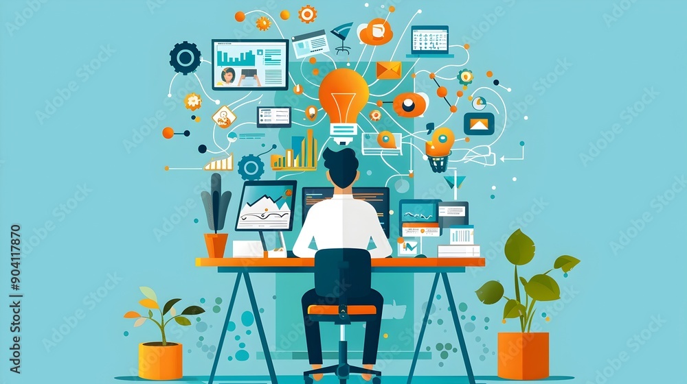Poster Man Working at Desk with Multiple Screens and Connected Ideas.