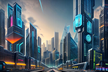 illuminated and technological futuristic city inhabited by people and robots.
