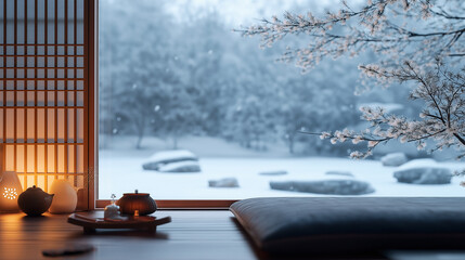静寂の冬景色：畳敷きの和室から障子越しに見る雪に覆われた庭と樹木の写真、年末年始の雪景色