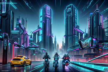 illuminated and technological futuristic city inhabited by people and robots.