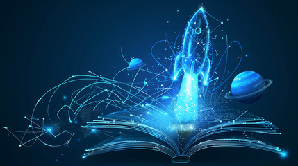 Digital illustration of a rocket launching from an open book with planets, symbolizing knowledge and imagination..