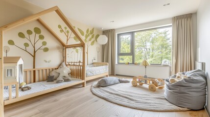 Fototapeta premium Modern Dutch children's room with wooden furniture and tree wallpaper