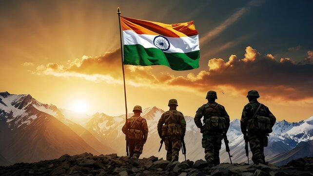 inspiring AI-generated image commemorating Kargil Vijay Diwas, also known as Kargil Victory Day. The artwork depicts the silhouette of Indian Army soldiers standing proudly atop Mount Everest, holding