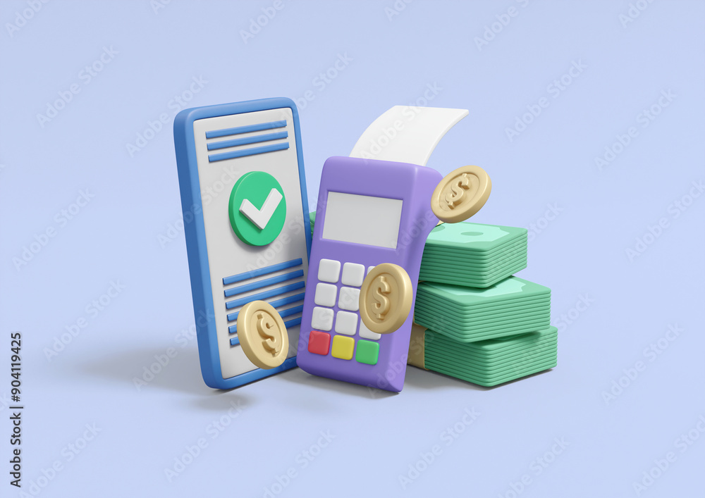 Aufkleber 3d rendering with icons of card reader, coin, banknote, phone and checkmark isolated on blue backgro