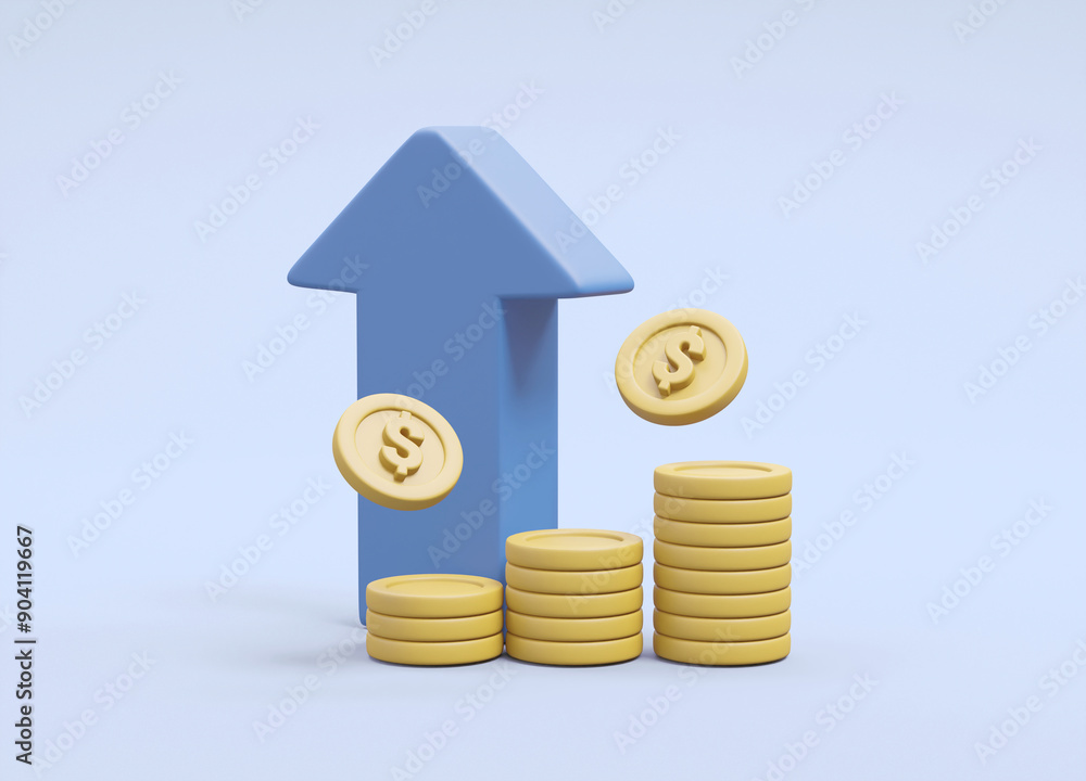Poster 3d render featuring an upward arrow icon and a stack of coins. this image represents financial growt
