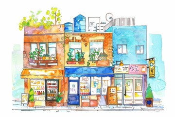 Charming urban watercolor illustration of colorful buildings with plants, capturing a vibrant street scene.