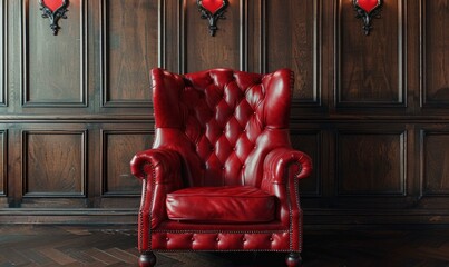 A luxurious red leather armchair with tufted upholstery, placed against a dark wooden paneled wall with red accents.