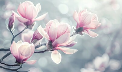 Fototapeta premium A magnolia tree with flowers blooming during the onset of spring, with blank space for additional image content incorporated