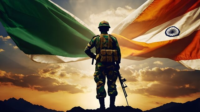  image commemorating Kargil Vijay Diwas, also known as Kargil Victory Day. The artwork depicts the silhouette of Indian Army soldiers standing proudly atop Mount Everest, holding the Indian flag .