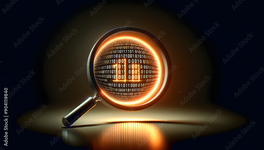 Poster magnifying glass revealing a complex binary code data pattern symbolizing technology digital informa