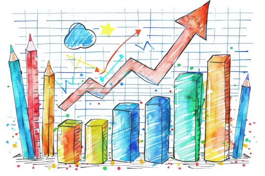 Colorful hand-drawn bar chart showing growth with arrows and clouds, ideal for business and financial presentations.