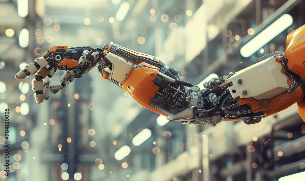 Poster a robot arm assembling a complex piece of machinery, its movements precise and efficient