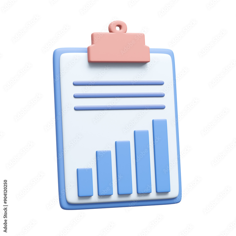 Poster 3d rendering with icons of business report documents alongside isolated graphs on transparent backgr