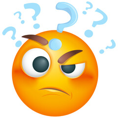 Thoughtful emoji with confused thoughts. Emoticon thinking with question on white background. Cute emoticon