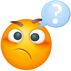 Thoughtful emoji with confused thoughts. Emoticon thinking with question on white background. Cute emoticon