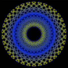 Abstract round pattern in blue and yellow on a black background