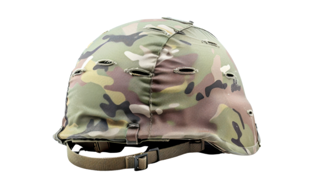 Soldier camouflage army helmet on transparent background 