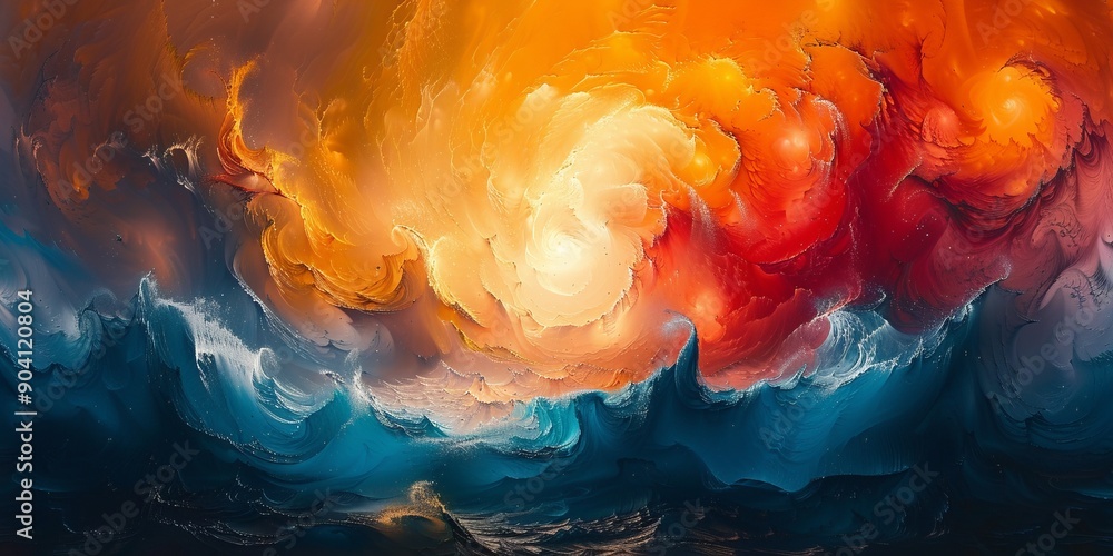 Poster abstract painting with a harmonious blend of cool and warm tones, creating a balanced and visually p