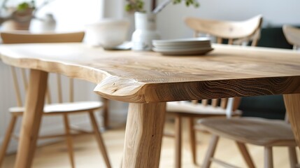 Simple wooden dining table, creatively shaped live edge tabletop, Scandinavian design, modern home, close-up, high resolution.
