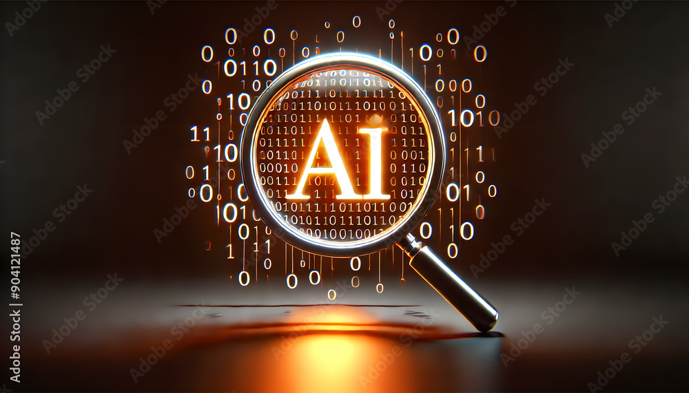 Poster illuminating the future a magnifying glass highlighting the glowing intelligence symbol on a binary 