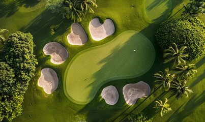 Fototapeta premium Aerial view of bunkers sand in golf court with putting green grass