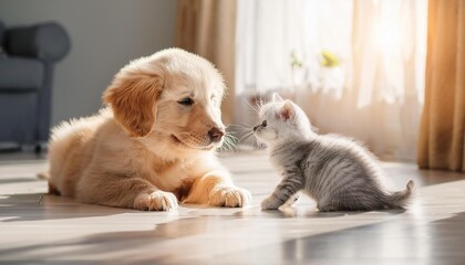 部屋でくつろぐゴールデンレトリバーと猫
