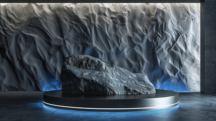 A rock podium with a smooth, silver surface contrasts with a dark cement wall featuring subtle wave patterns. Cool, blue studio lights add a sleek, contemporary touch, ideal for stylish product