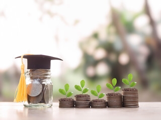 Glass bottle with graduation hat, Plants growing up and stack of coins. The concept of saving money for education, student loan, scholarship, tuition fees in the future