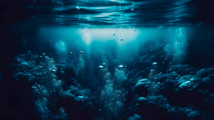Obraz premium Calm and mysterious underwater view with bubbles rising to the surface in the deep blue ocean
