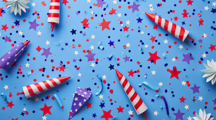 Obraz premium A bright and festive 4th of July flat lay with firework rockets and confetti on a lavender