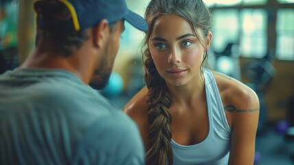 Obraz premium Young woman working out with a personal trainer in a gym, fitness guidance and motivation