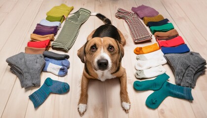 飼い主の靴下を収集する犬