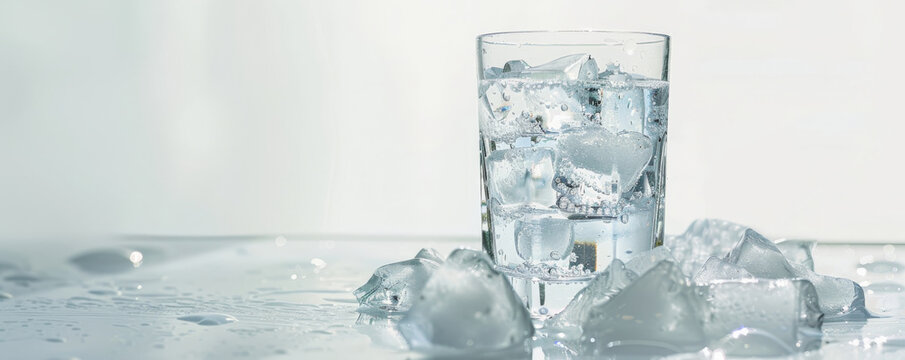 A single refreshing drink with ice on a clean surface, with plenty of room for text.