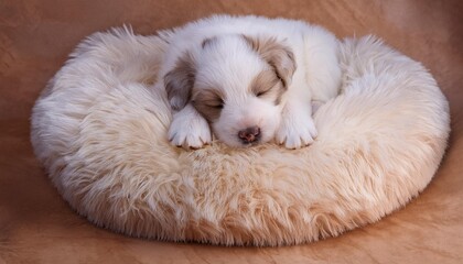 ベッドで気持ちよさそうに眠っている子犬