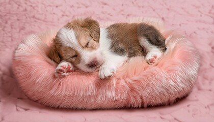 ベッドで気持ちよさそうに眠っている子犬
