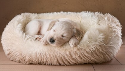 ベッドで気持ちよさそうに眠っている子犬