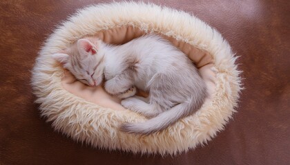 ベッドで気持ちよさそうに眠っている子猫