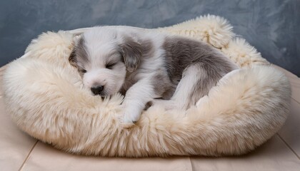 ベッドで気持ちよさそうに眠っている子犬