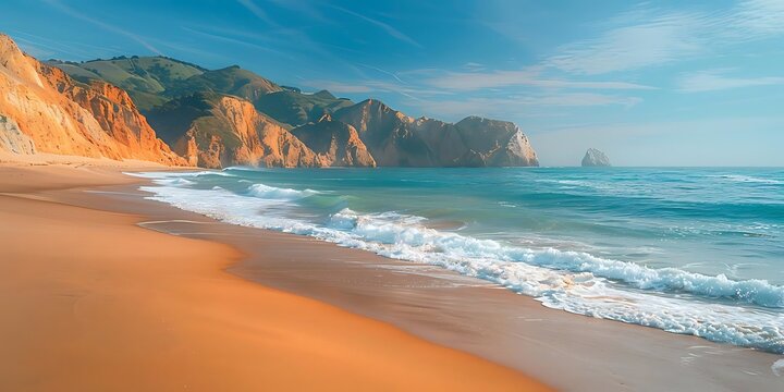 Beach Scene with Waves Breaking on Sandy Shore and Cliffs in the Background - Illustration