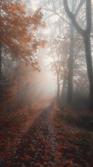 Foggy forest path, autumn colors, sunlight, magical