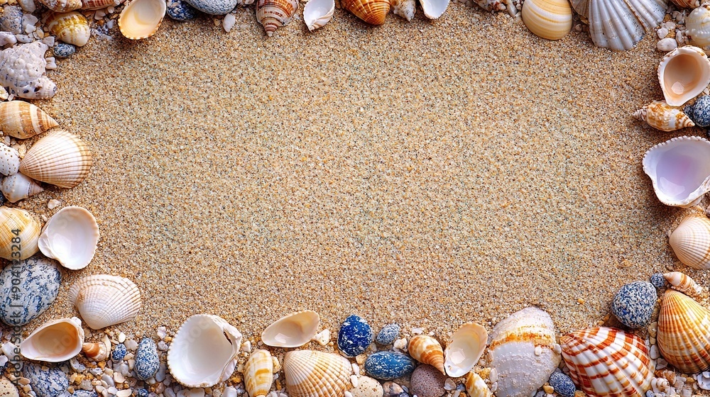 Poster sand texture with pebbles and shells embedded