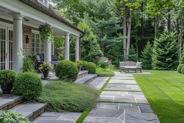 Obraz premium Stone patio with seating area and side entrance, surrounded by green grasses and ornamental trees, in a classic American landscape design style, set in New England.