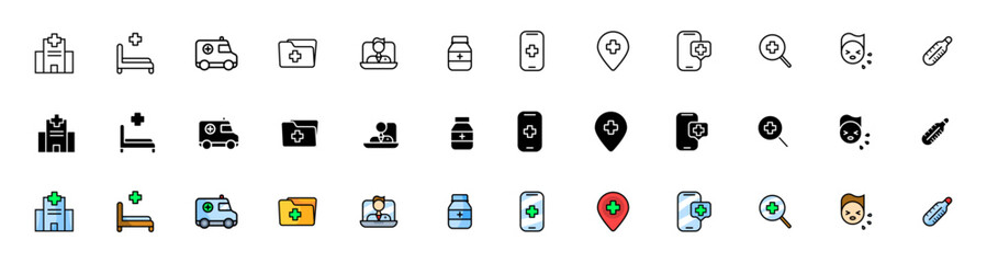 Medicine set icons. Healthcare icons. Linear, silhouette and flat styles. Vector icons.