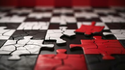 A chessboard patterned jigsaw puzzle with red and white pieces. The image symbolizes strategy and problem solving.