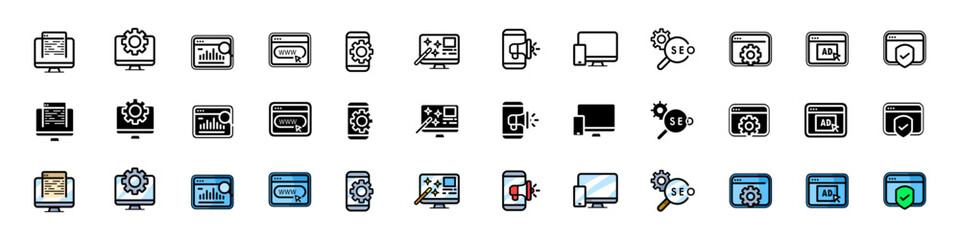 Website set icons. Browser icons. Linear, silhouette and flat styles. Vector icons.