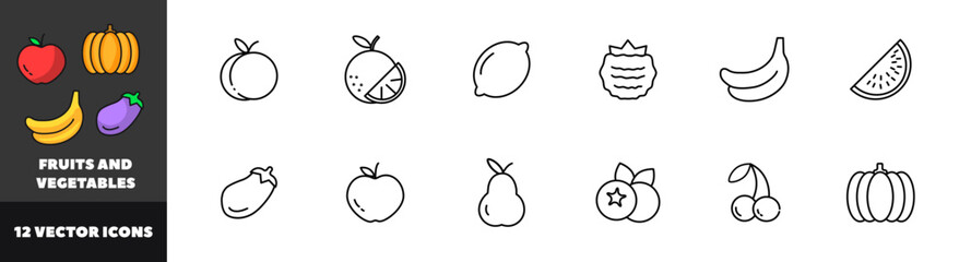 Fruits and vegetables set icons. Linear style. Vector icons.
