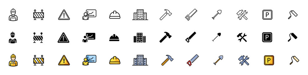 Building set icons. Tools icons. Linear, silhouette and flat styles. Vector icons.