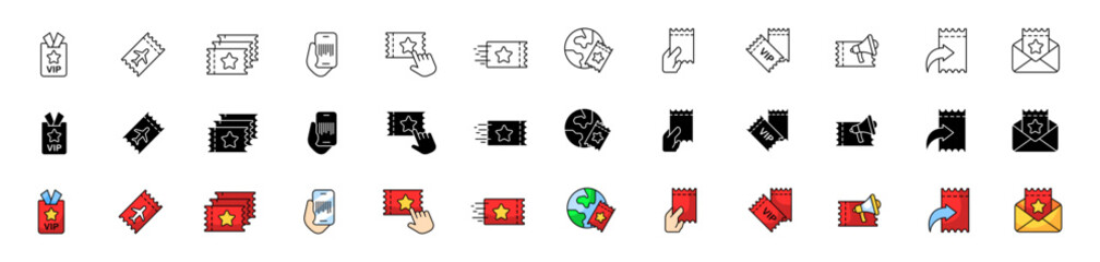 Ticket set icons. Linear, silhouette and flat styles. Vector icons.